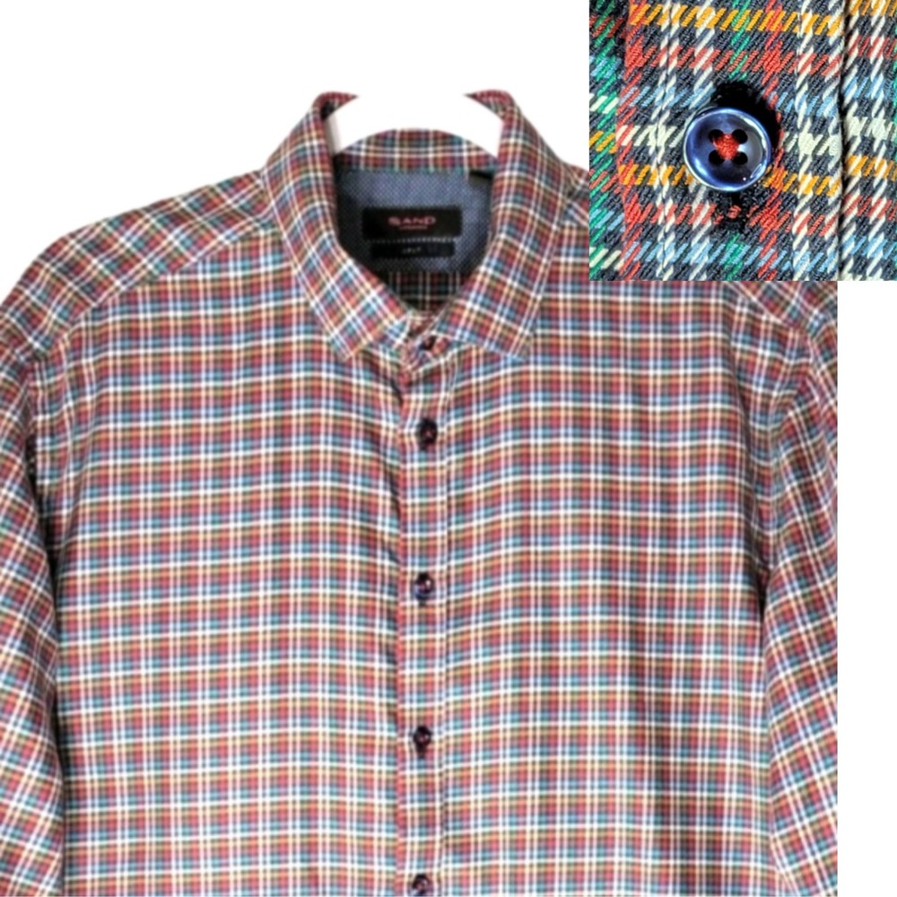 Sand‎ Copenhagen Houndstooth Contrast Cuff Shirt Mens L Button Rainbow Colorful